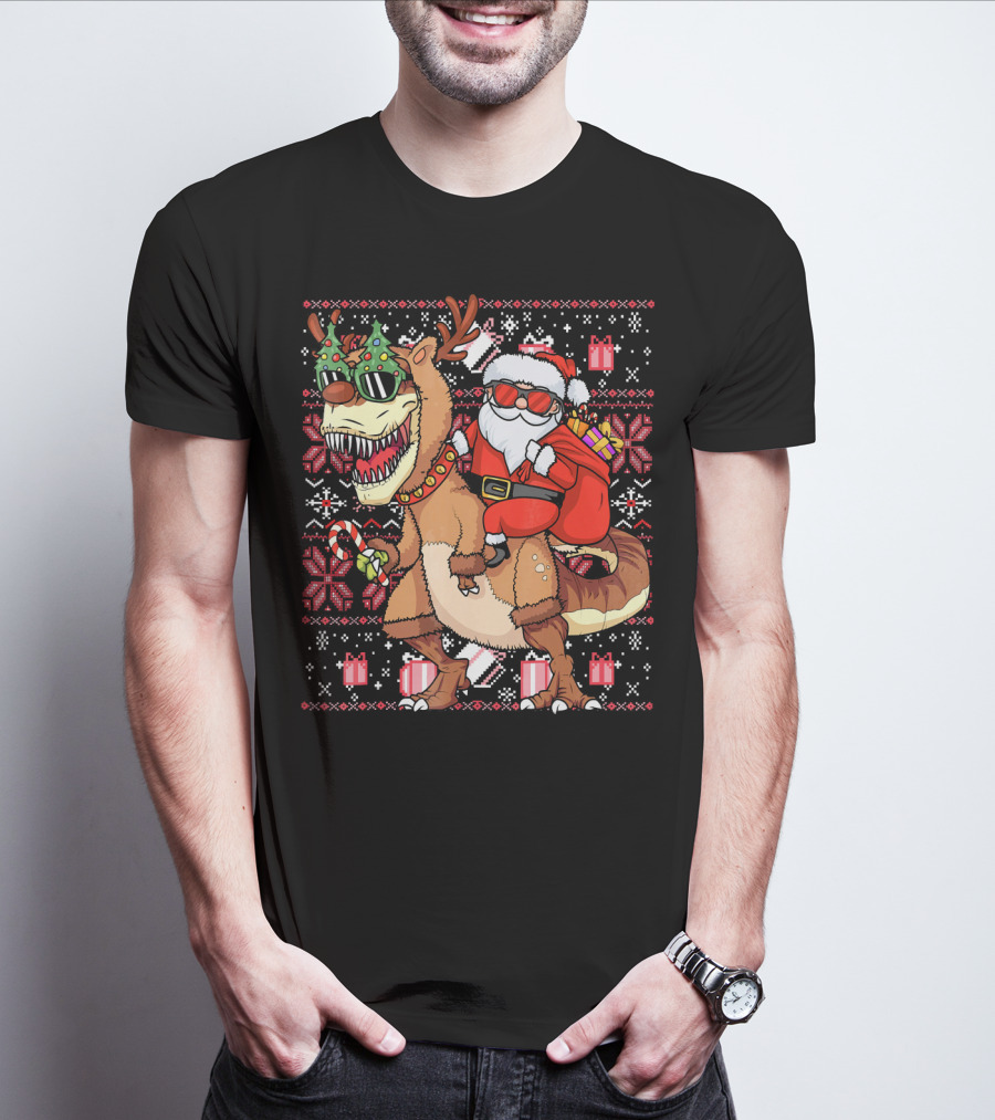 Santa Riding Trex Dinosaur Ugly Christmas T-Shirt