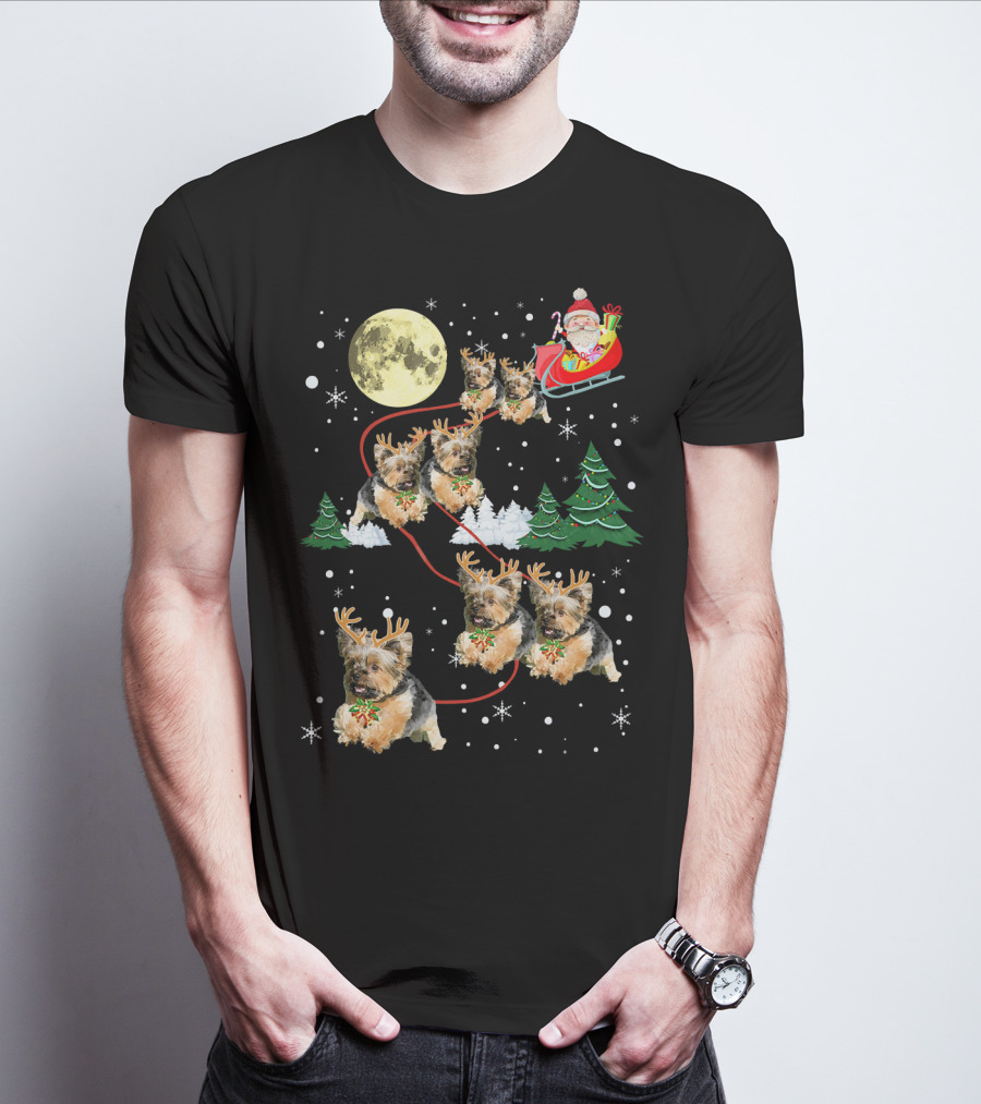 Funny Yorkie Christmas Santa Sleigh With Reindeer Puppies T-Shirt