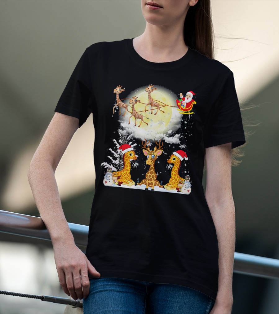 Santa's Sleigh Giraffes Christmas Moon Snowy Night Scene T-Shirt