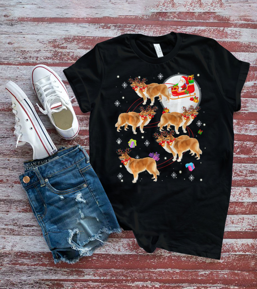 Rough Collie Reindeer Christmas Santa Sleigh Presents Snowflakes T-Shirt