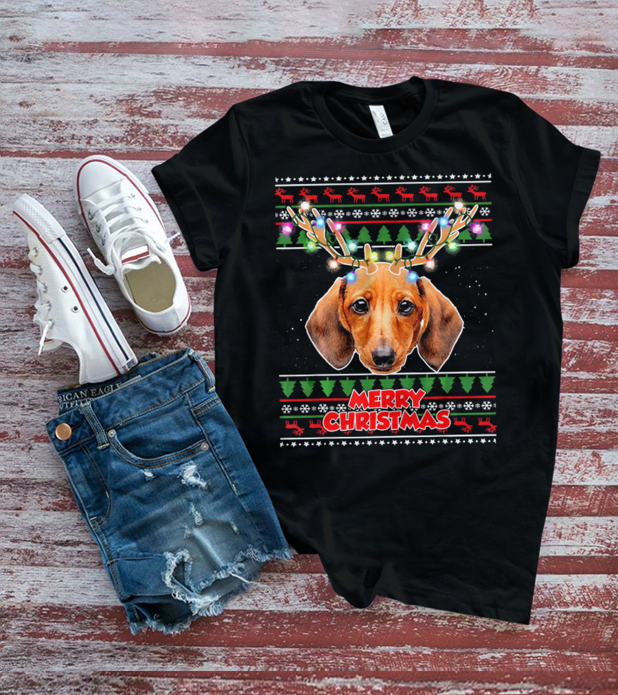 Merry Christmas Dachshund With Antler Ugly T-Shirt