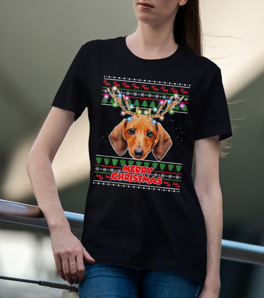 Merry Christmas Dachshund With Antler Ugly T-Shirt