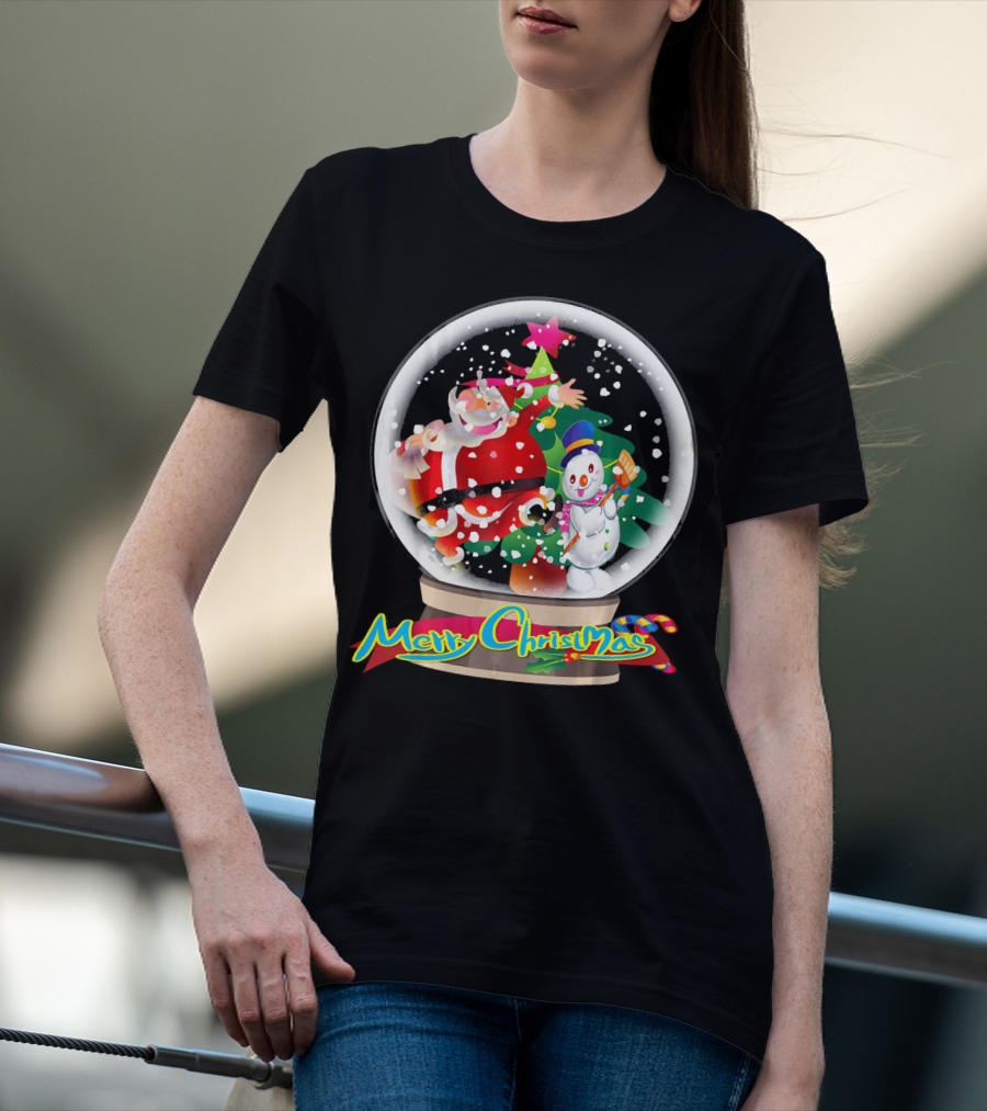 Merry Christmas Snow Globe Santa And Snowman Fun T-Shirt