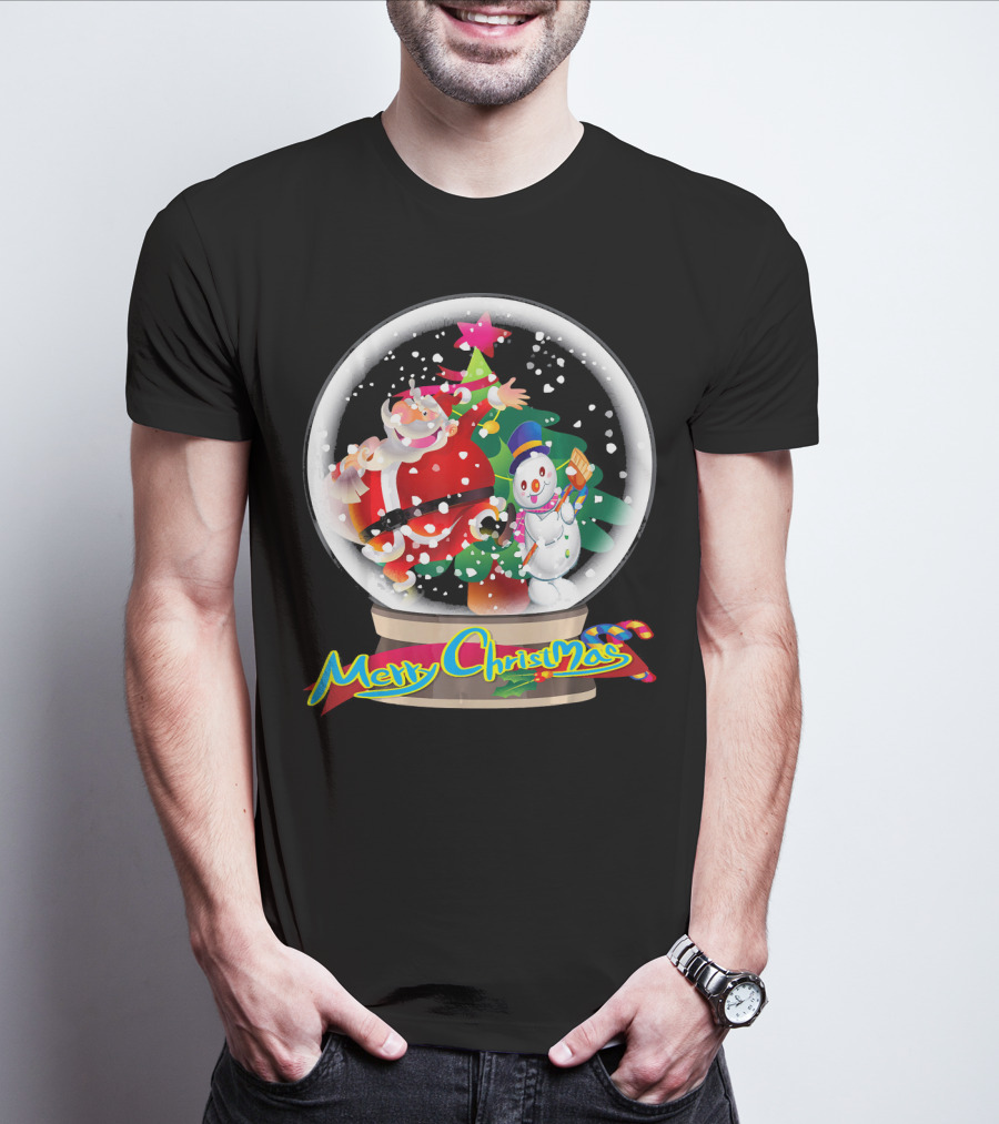 Merry Christmas Snow Globe Santa And Snowman Fun T-Shirt