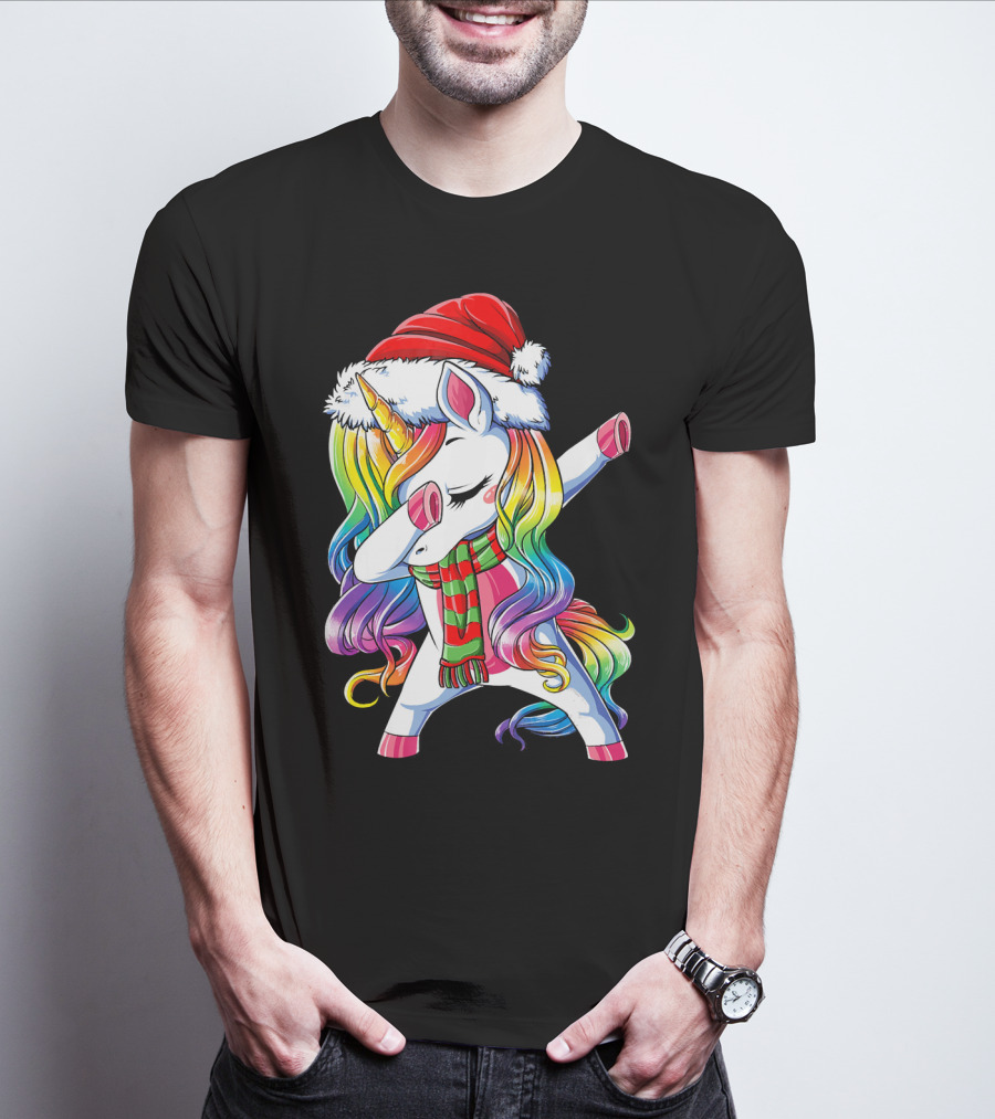Dabbing Unicorn In Santa Hat With Rainbow Mane And Scarf For Christmas Girls T-Shirt