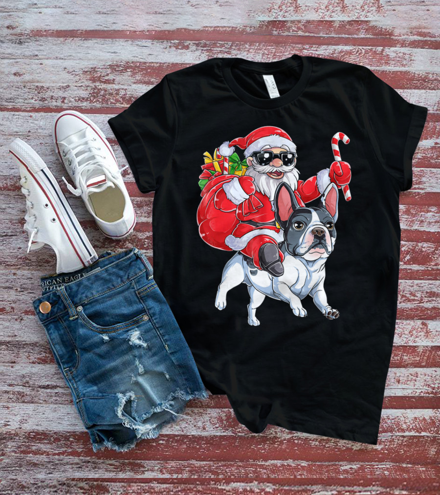 French Bulldog Christmas Santa Claus Cane Sleigh T-Shirt