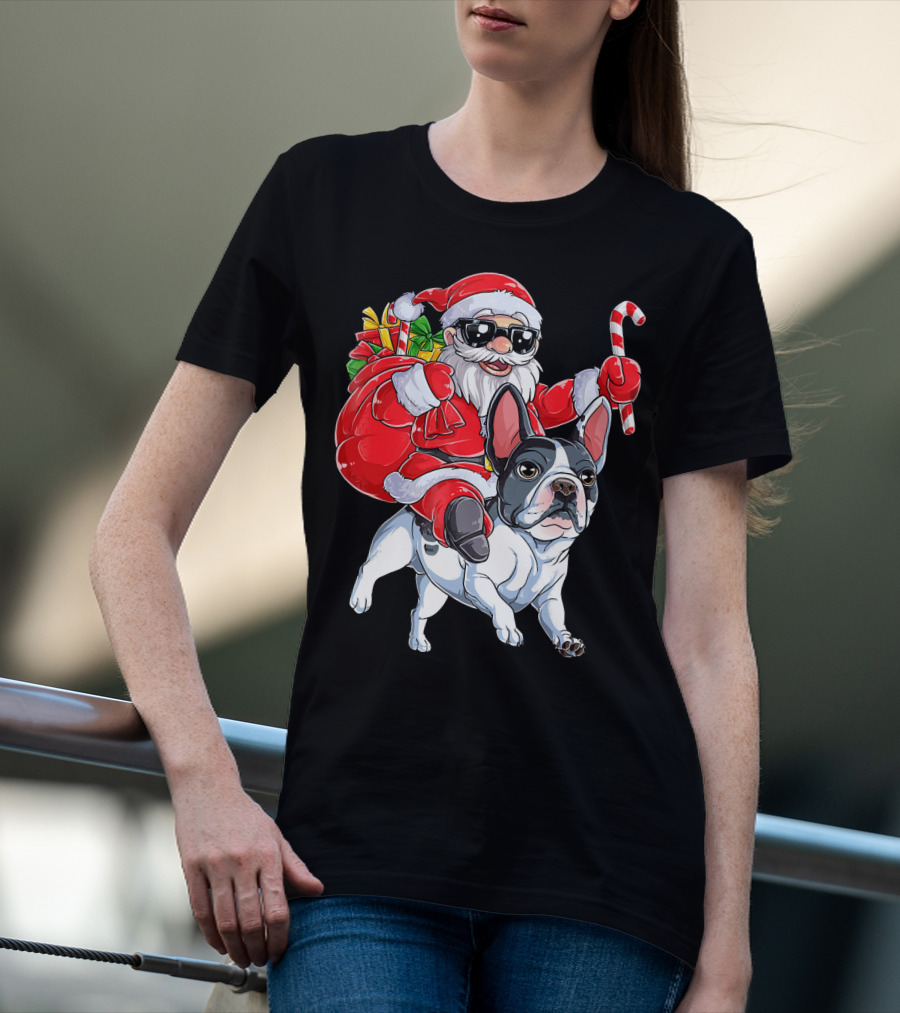 French Bulldog Christmas Santa Claus Cane Sleigh T-Shirt
