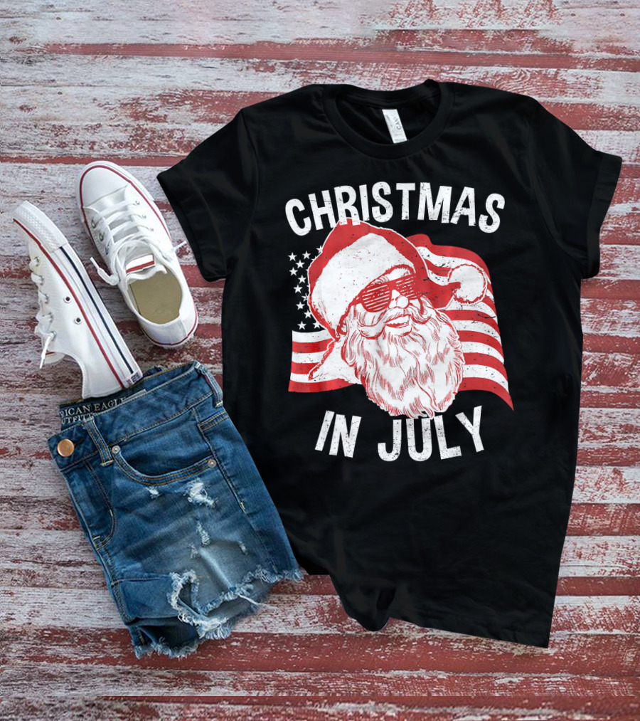 Christmas In July Retro Hipster Santa With American Flag And Shades T-Shirt