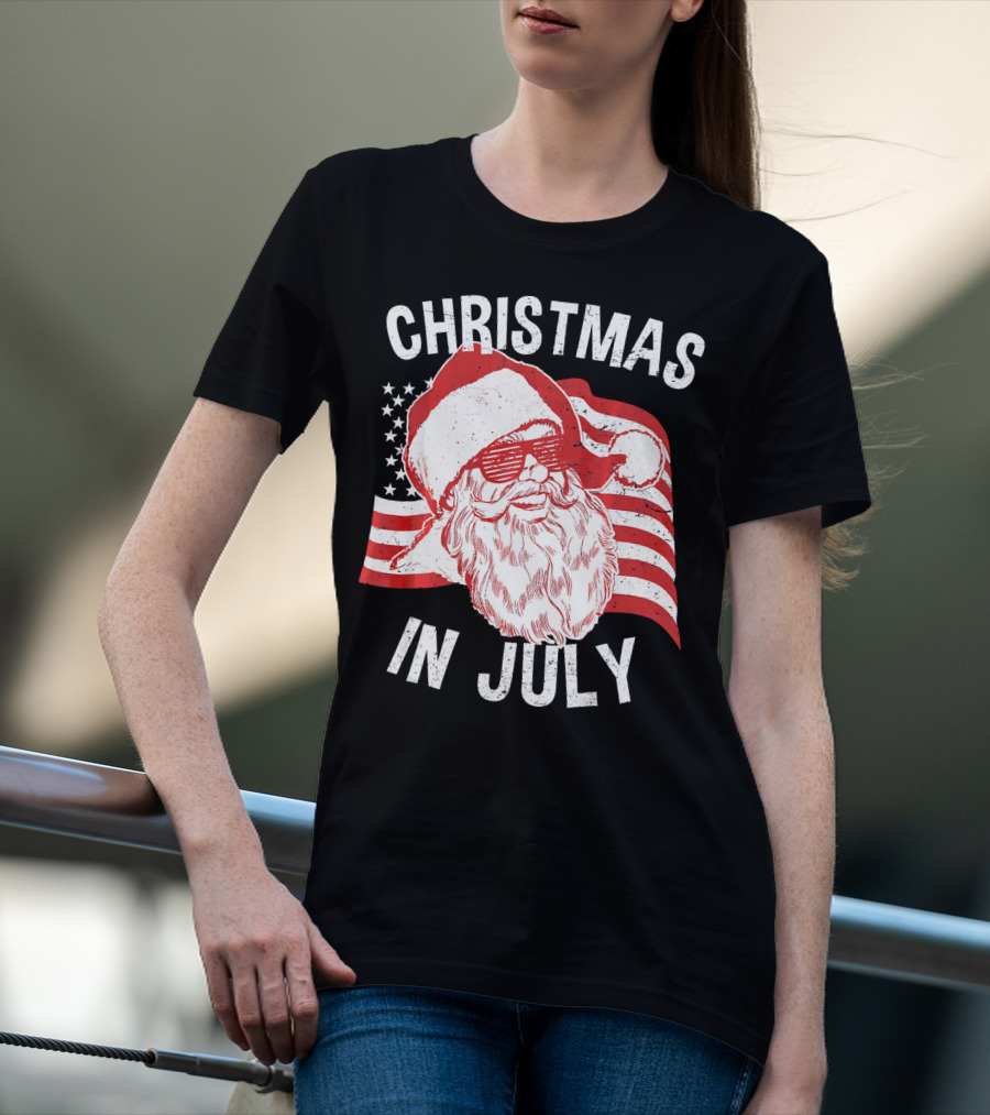 Christmas In July Retro Hipster Santa With American Flag And Shades T-Shirt