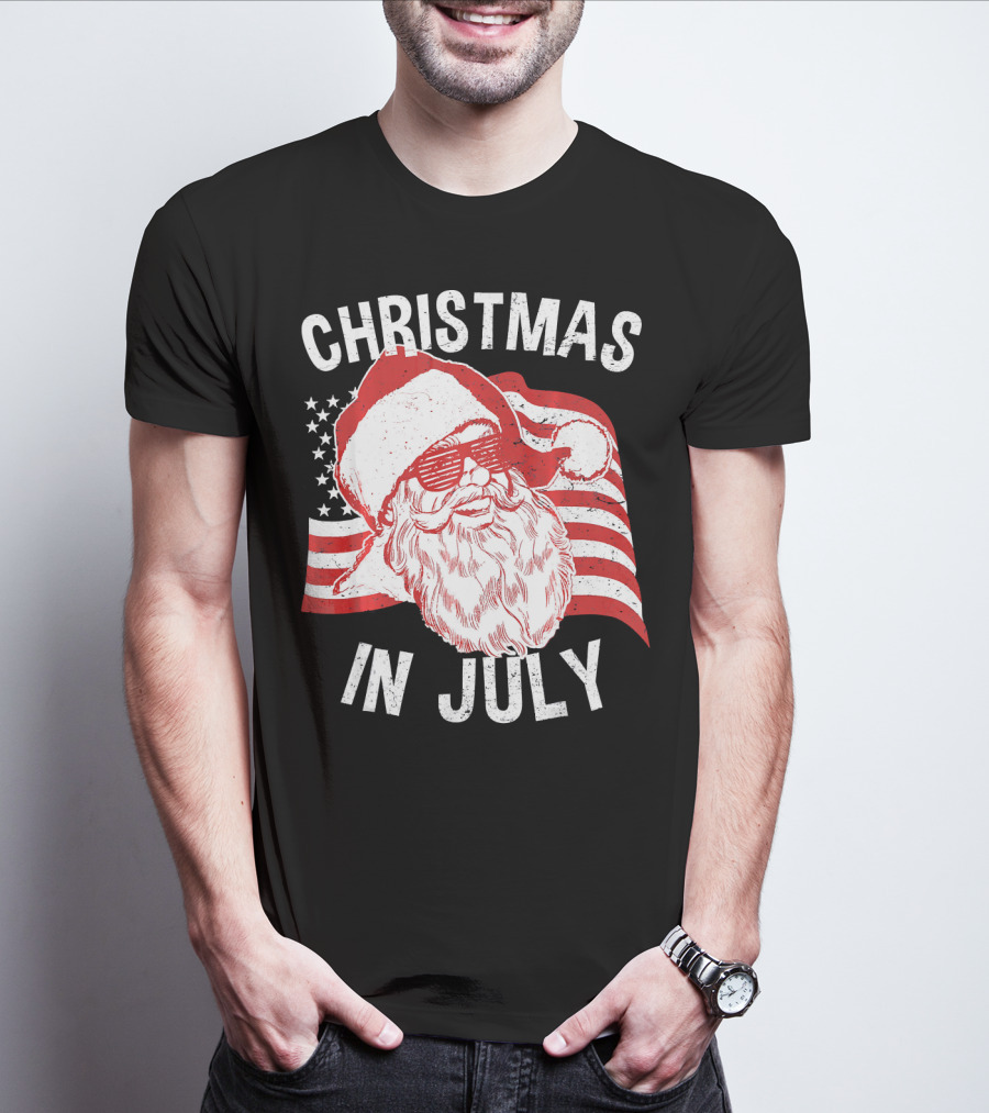 Christmas In July Retro Hipster Santa With American Flag And Shades T-Shirt