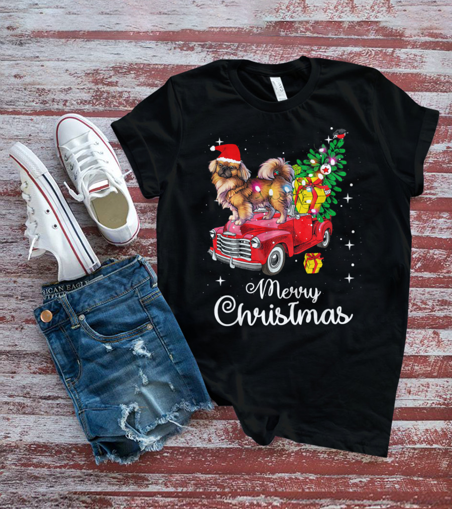 Merry Christmas Pekingese Rides Red Truck With Santa Hat And Holiday Gifts T-Shirt