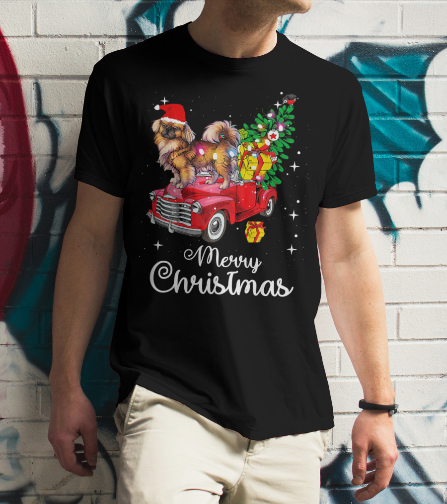 Merry Christmas Pekingese Rides Red Truck With Santa Hat And Holiday Gifts T-Shirt