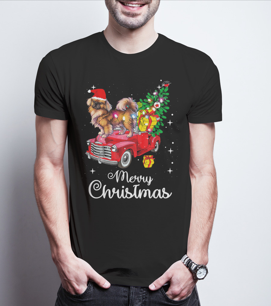 Merry Christmas Pekingese Rides Red Truck With Santa Hat And Holiday Gifts T-Shirt