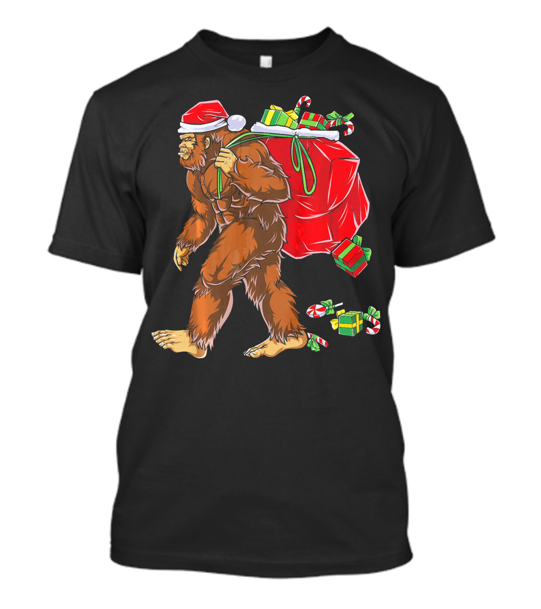 Bigfoot Santa Carrying Gifts With Candy Canes T-Shirt