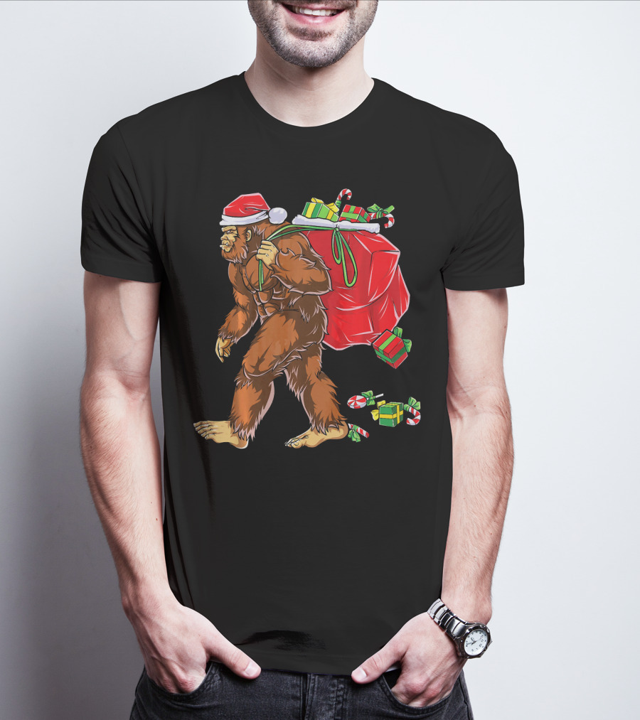 Bigfoot Santa Carrying Gifts With Candy Canes T-Shirt