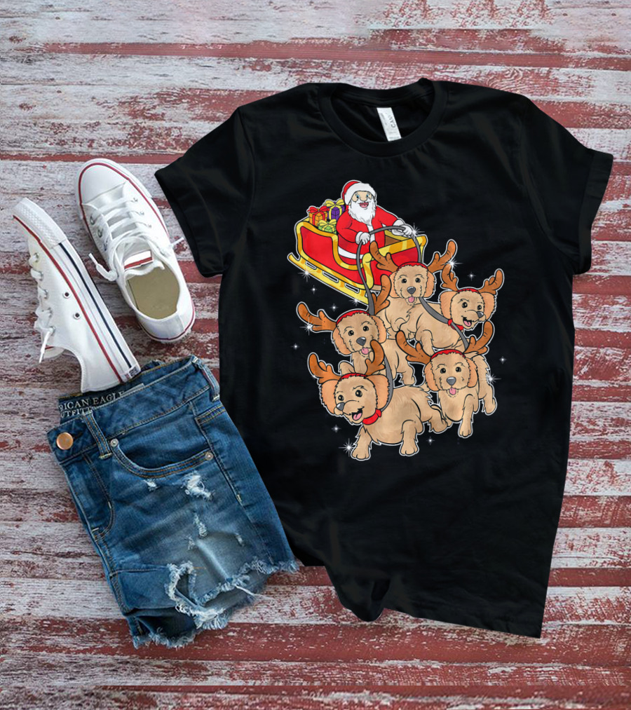 Santa Riding Sleigh With Adorable Goldendoodles As Reindeer T-Shirt