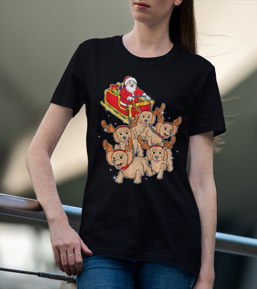 Santa Riding Sleigh With Adorable Goldendoodles As Reindeer T-Shirt
