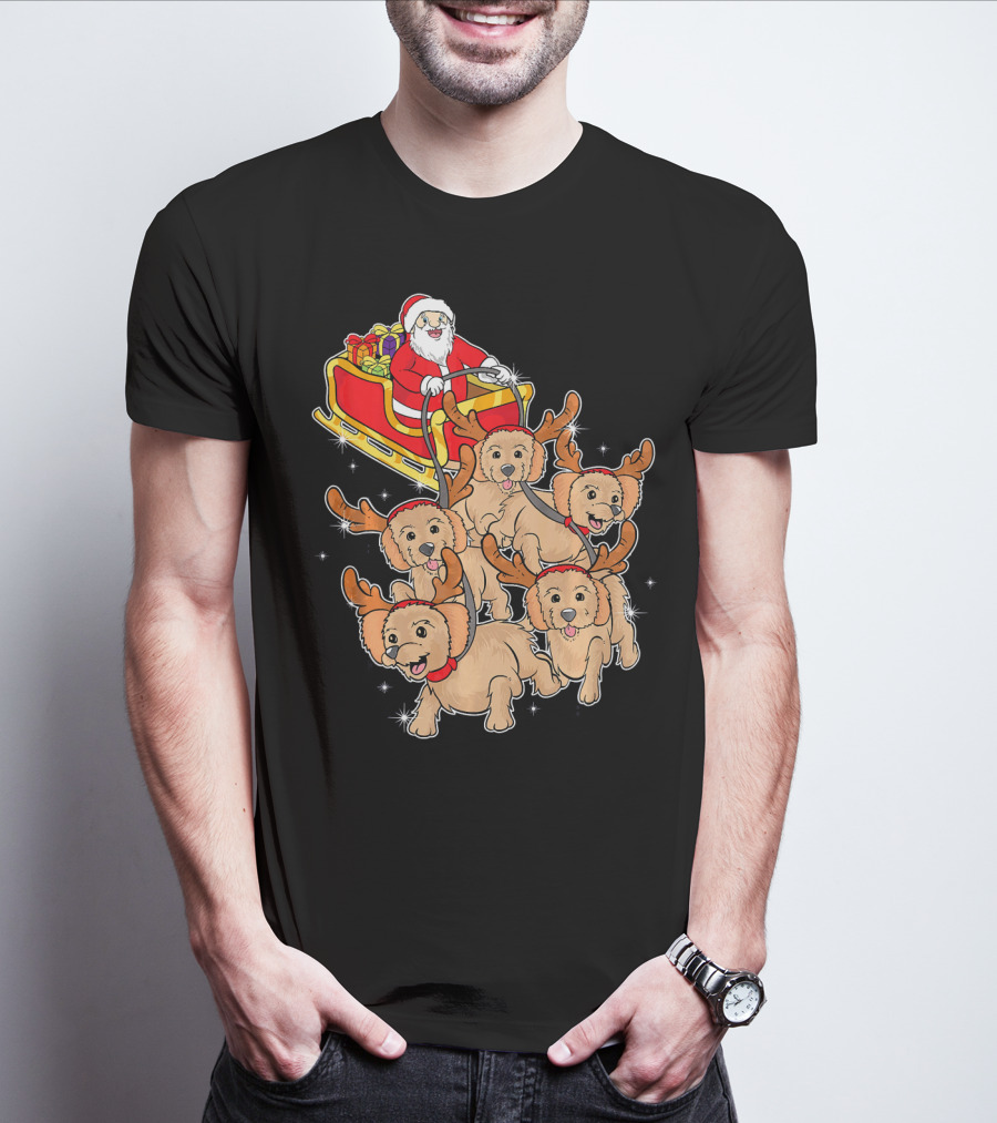 Santa Riding Sleigh With Adorable Goldendoodles As Reindeer T-Shirt