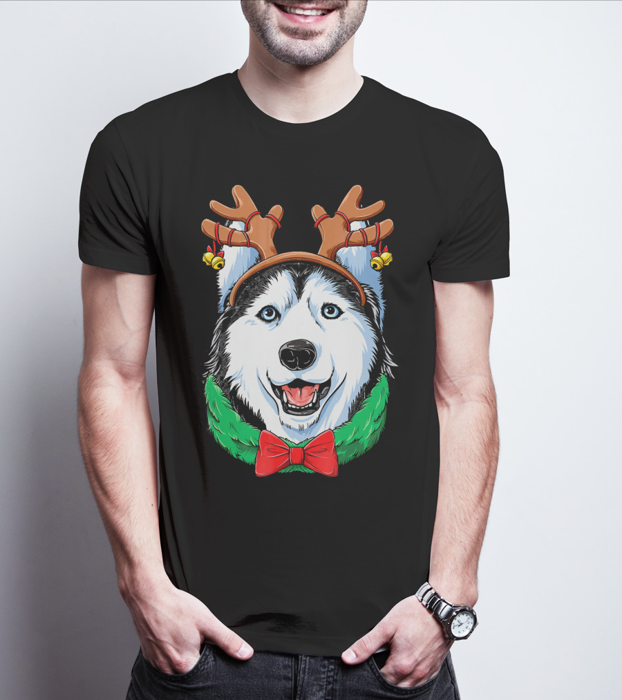 Siberian Husky With Reindeer Antlers Christmas Wreath Bow And Bells T-Shirt