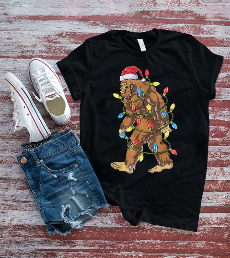 Bigfoot Santa Wrapped In Christmas Lights T-Shirt