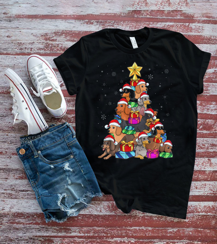 Dachshund Christmas Tree With Santa Hats And Gifts In Snowfall T-Shirt