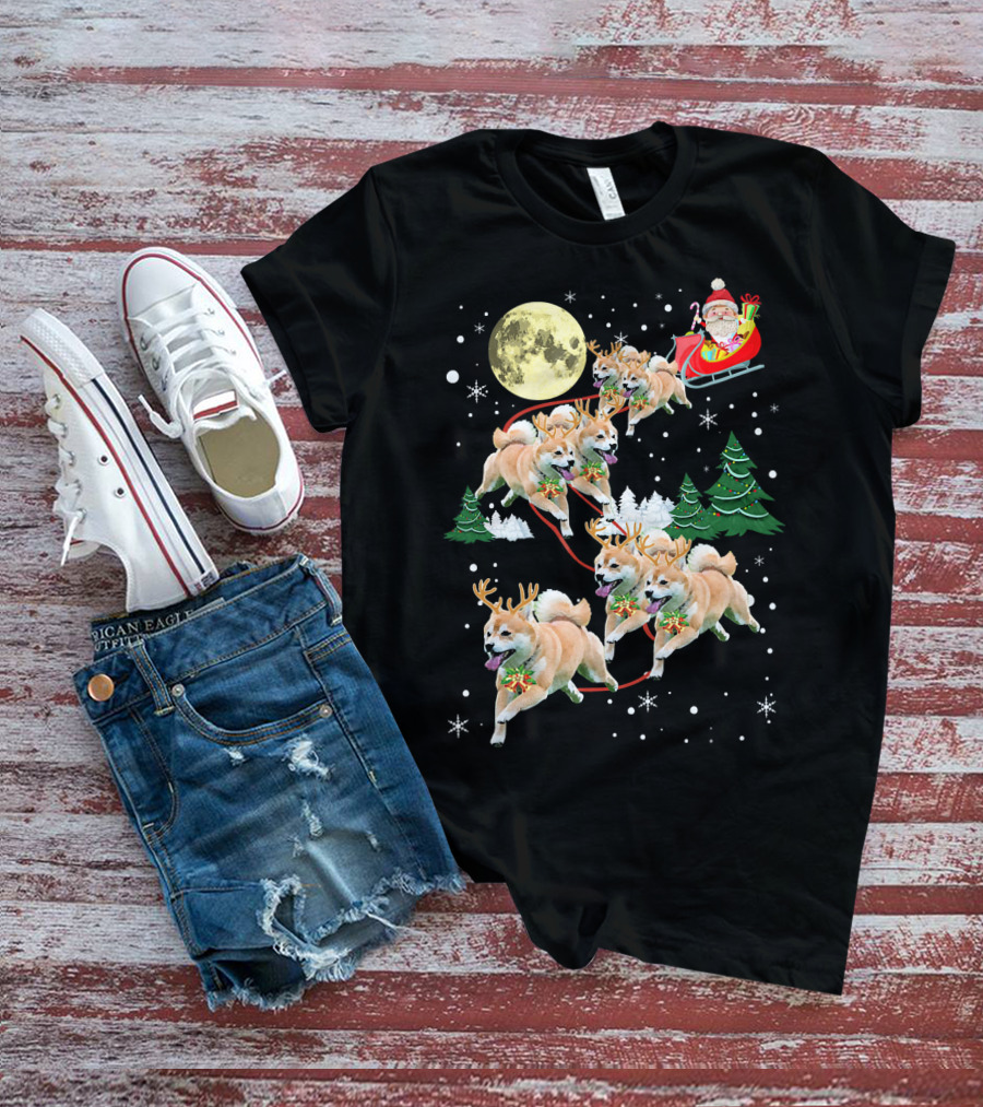 Santa's Shiba Inu Sleigh Ride Under Full Moon T-Shirt