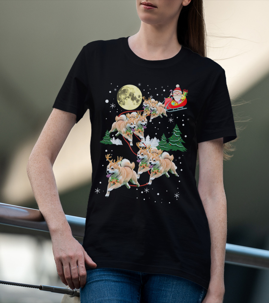 Santa's Shiba Inu Sleigh Ride Under Full Moon T-Shirt