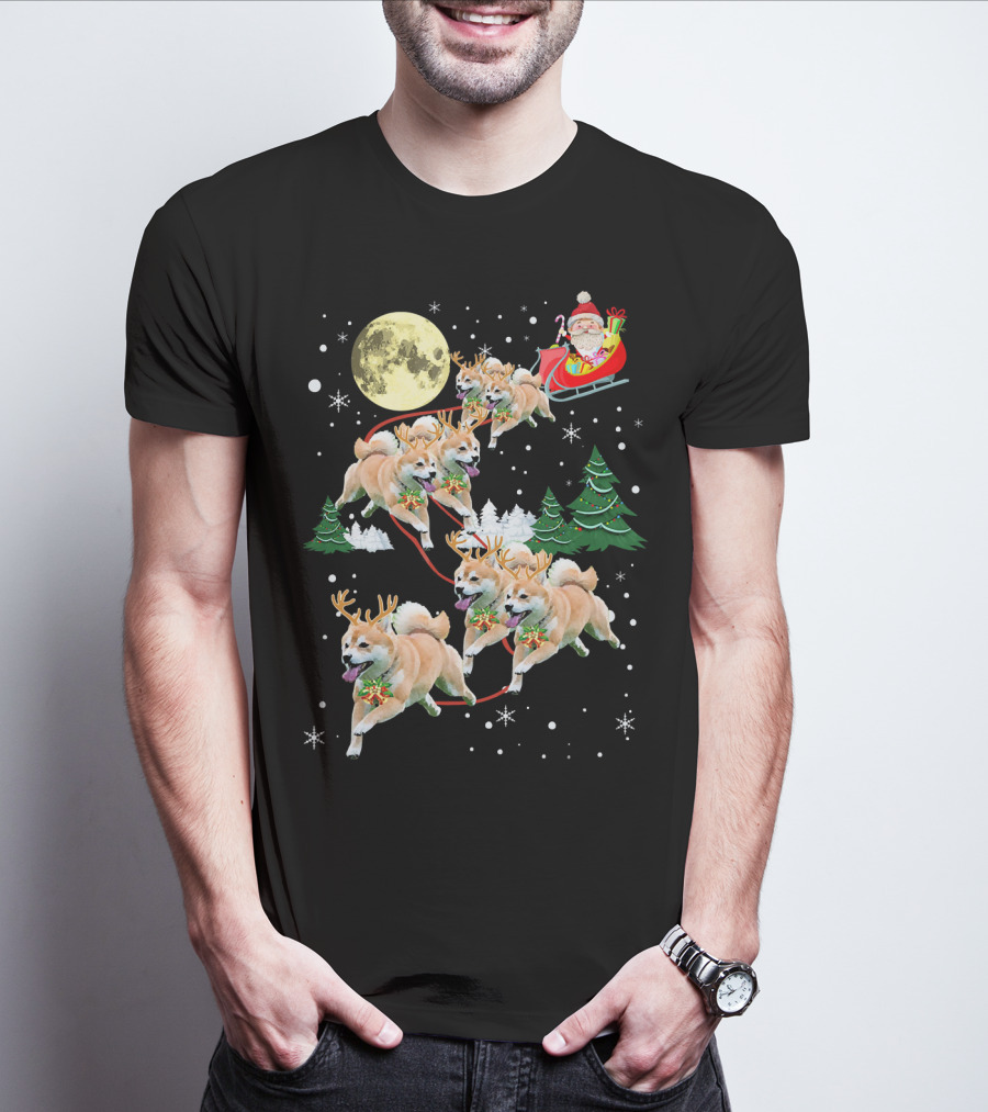 Santa's Shiba Inu Sleigh Ride Under Full Moon T-Shirt