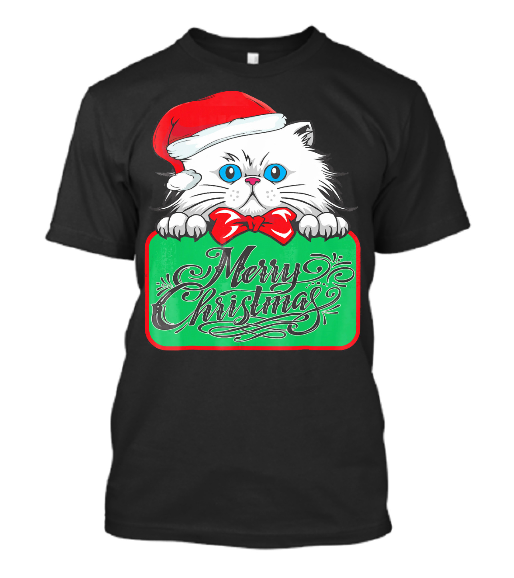 Merry Christmas Cute Cat With Santa Hat And Bow Tie T-Shirt