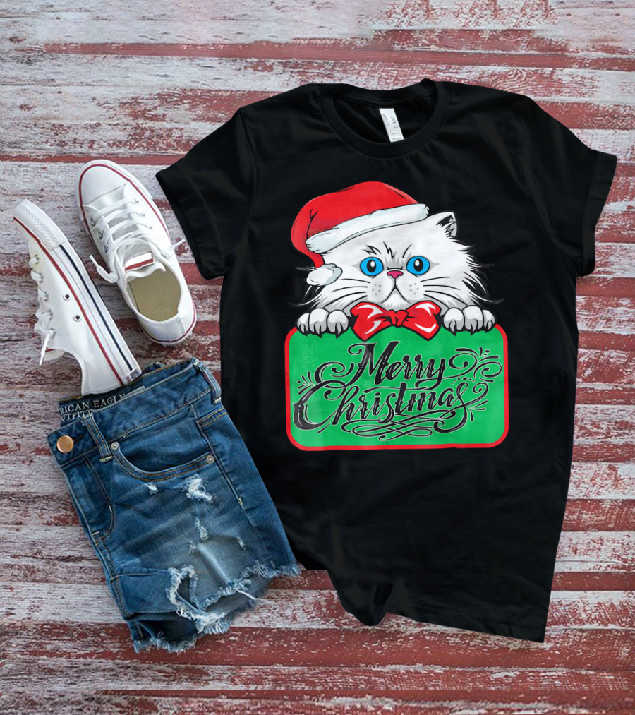 Merry Christmas Cute Cat With Santa Hat And Bow Tie T-Shirt