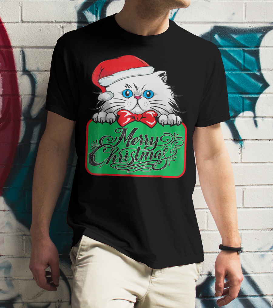 Merry Christmas Cute Cat With Santa Hat And Bow Tie T-Shirt