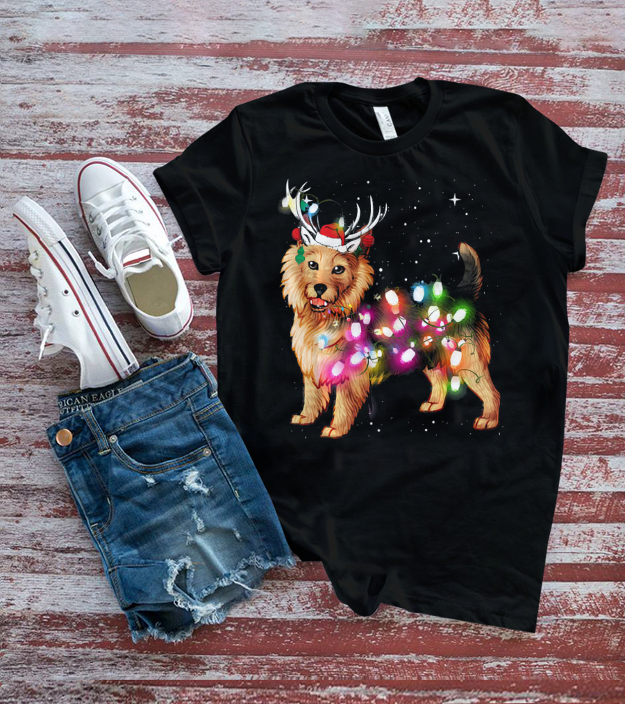 Australian Terrier With Christmas Lights And Reindeer Antlers T-Shirt