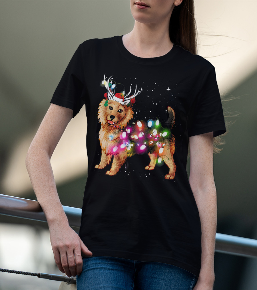 Australian Terrier With Christmas Lights And Reindeer Antlers T-Shirt