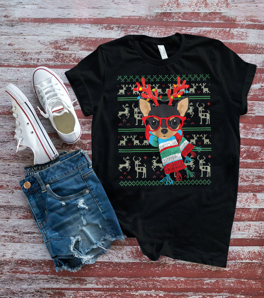 Dog Lover Chihuahua With Glasses And Reindeer Antlers In Festive Scarf T-Shirt