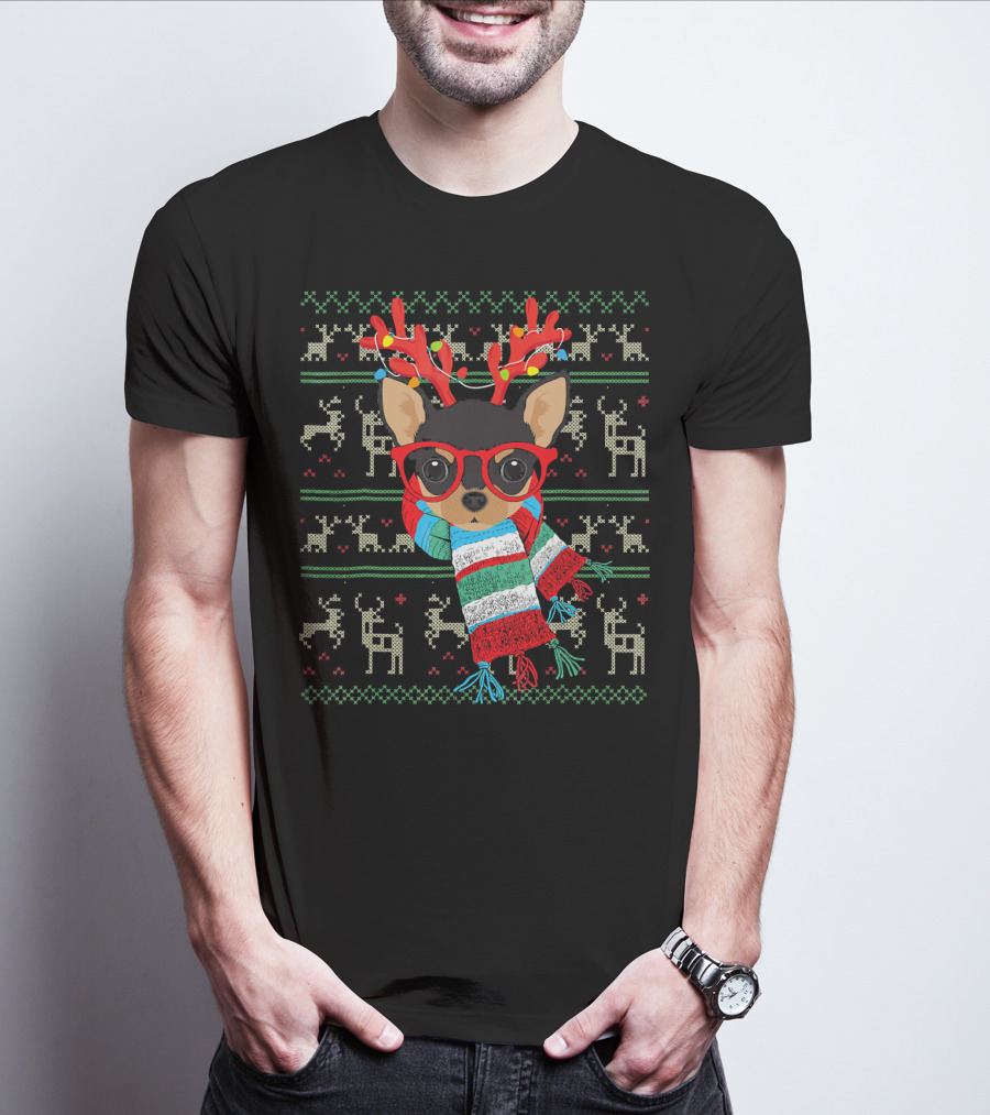 Dog Lover Chihuahua With Glasses And Reindeer Antlers In Festive Scarf T-Shirt