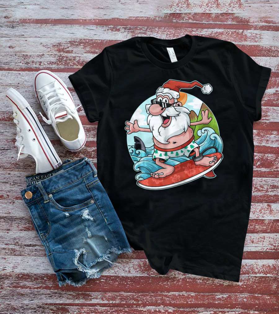 Surfing Santa Riding Waves Christmas In July Tropical Fun T-Shirt