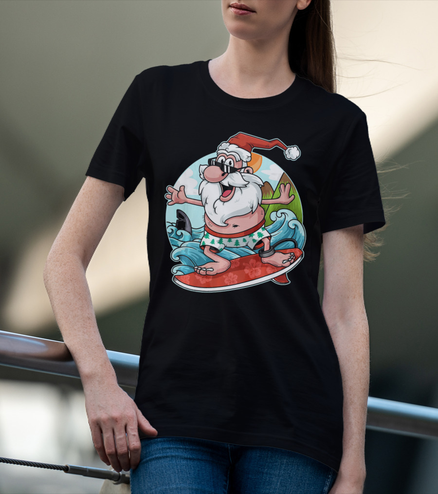 Surfing Santa Riding Waves Christmas In July Tropical Fun T-Shirt