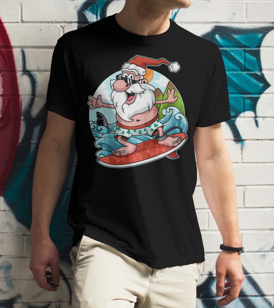 Surfing Santa Riding Waves Christmas In July Tropical Fun T-Shirt