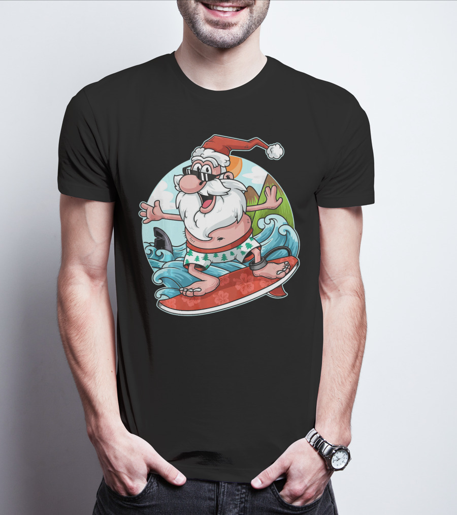 Surfing Santa Riding Waves Christmas In July Tropical Fun T-Shirt
