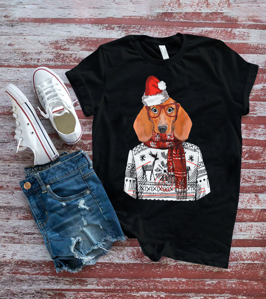 Dachshund Dog Santa Hat Funny Merry Christmas T-Shirt