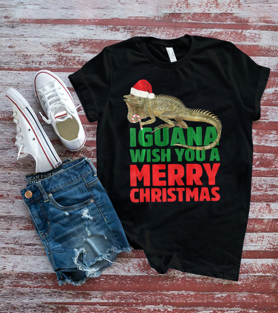 Iguana Wish You A Merry Christmas Santa Hat Candy Cane T-Shirt