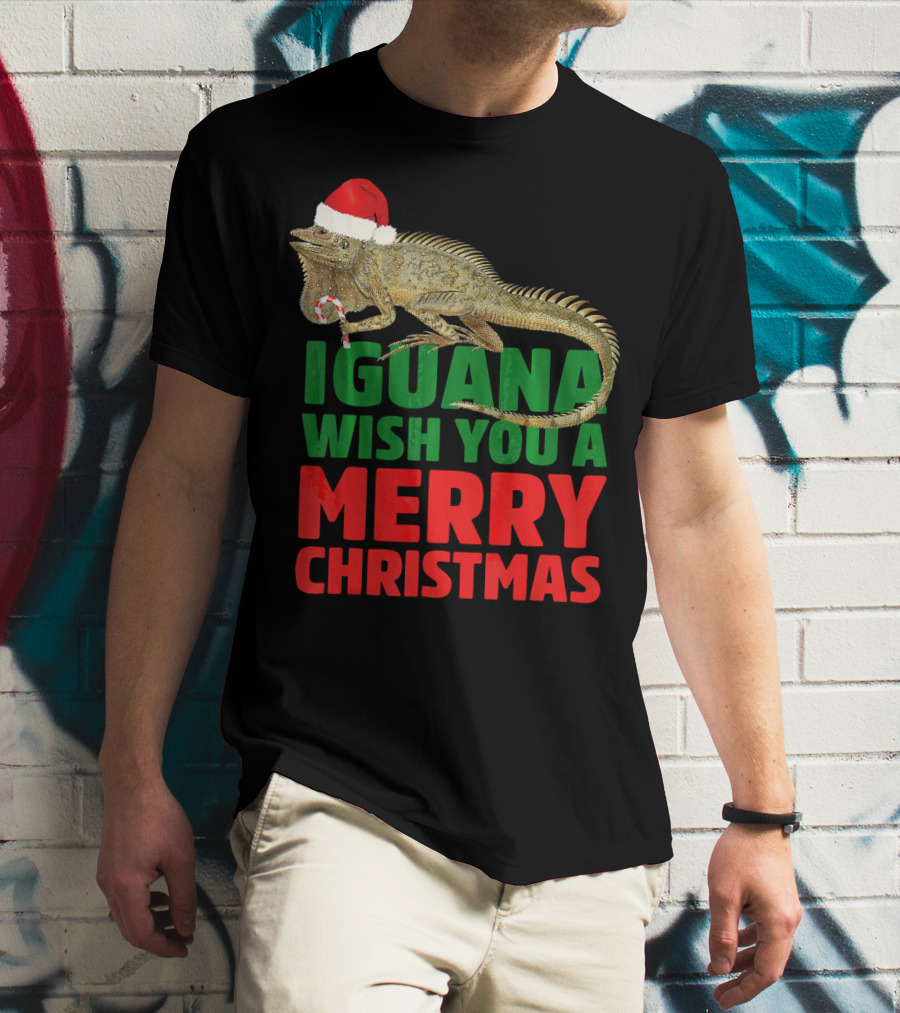 Iguana Wish You A Merry Christmas Santa Hat Candy Cane T-Shirt