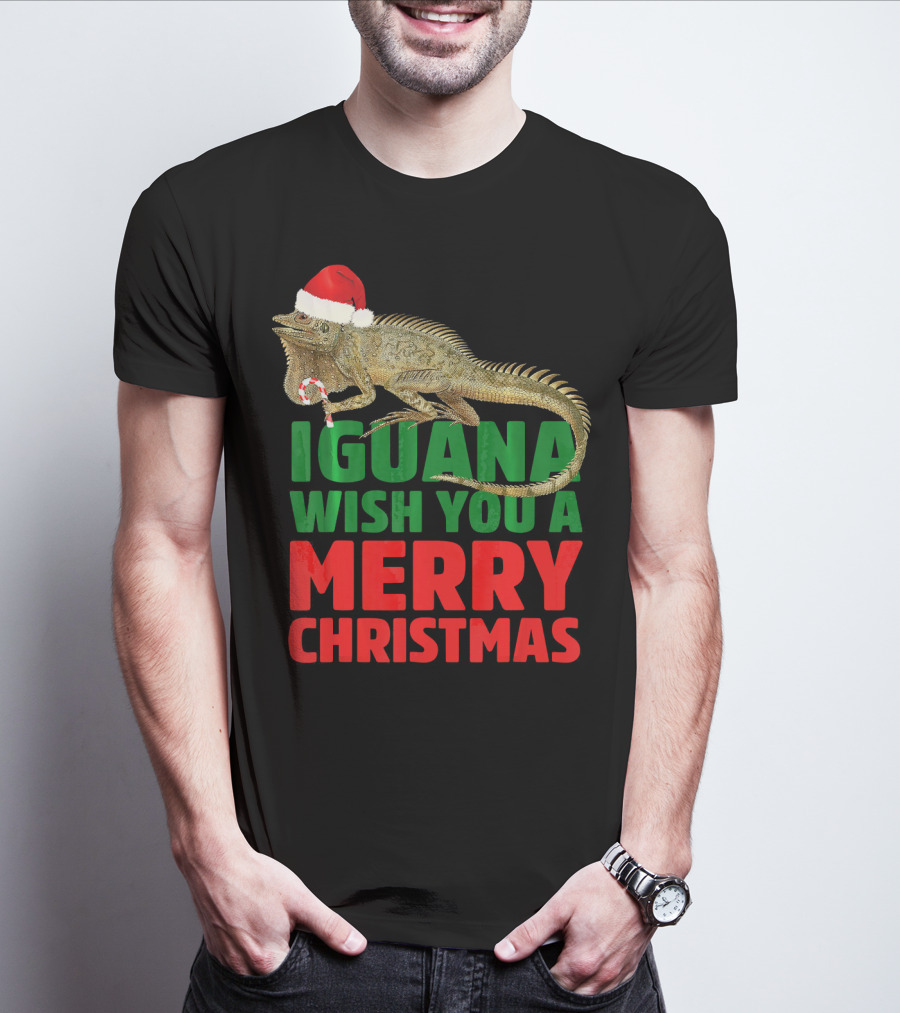 Iguana Wish You A Merry Christmas Santa Hat Candy Cane T-Shirt