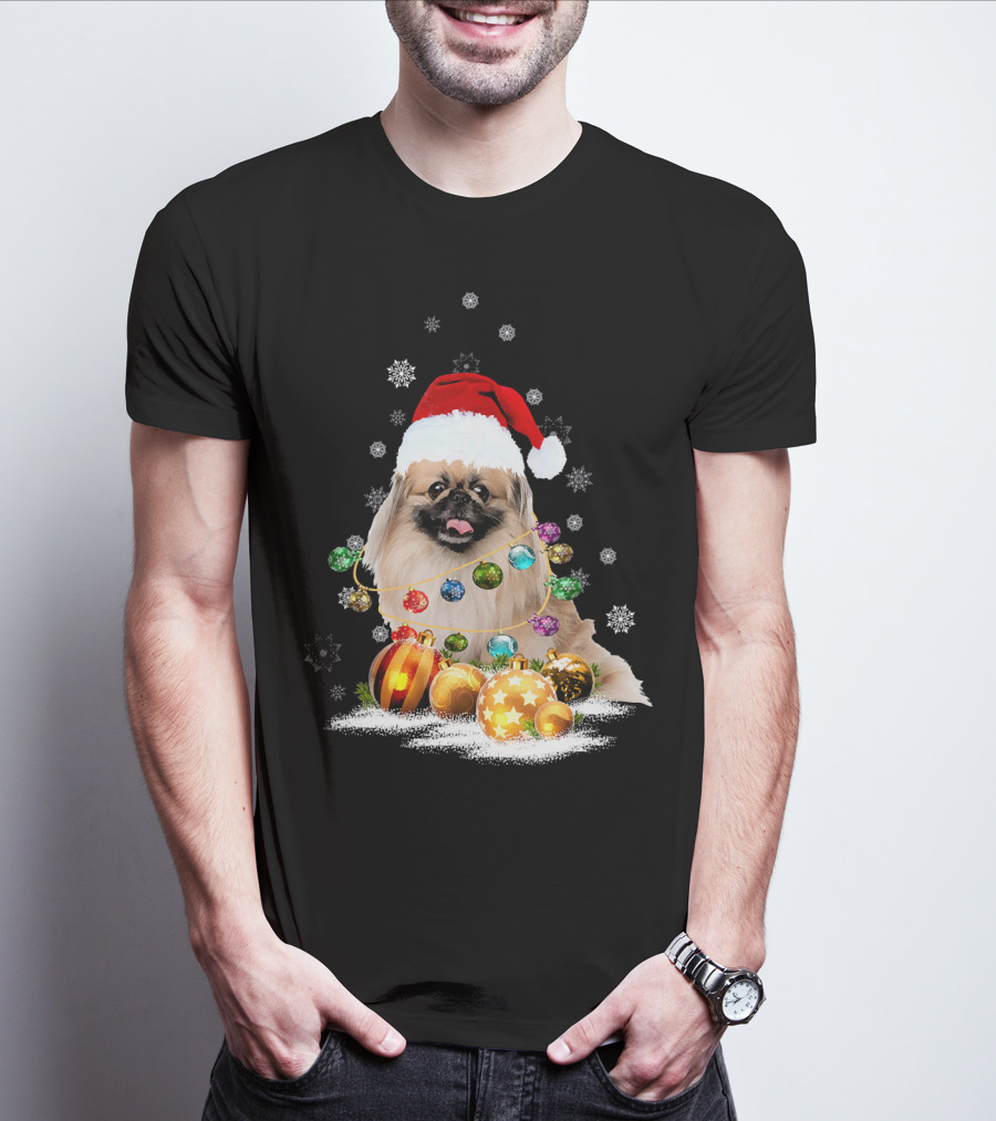 Pekingese Christmas Dog Lights With Santa Hat And Snowflakes T-Shirt