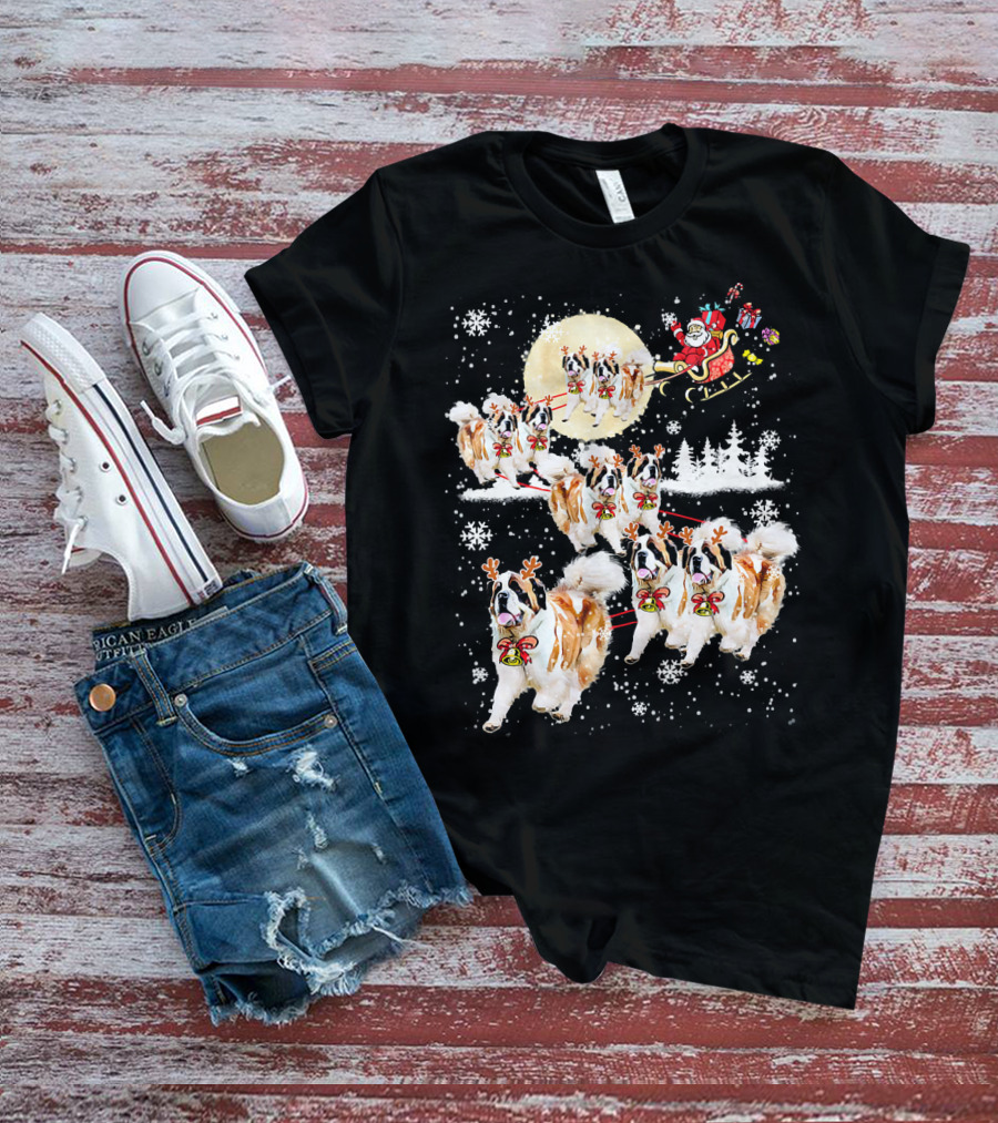 St Bernard Reindeer Christmas Santa Sleigh Nice Dog T-Shirt