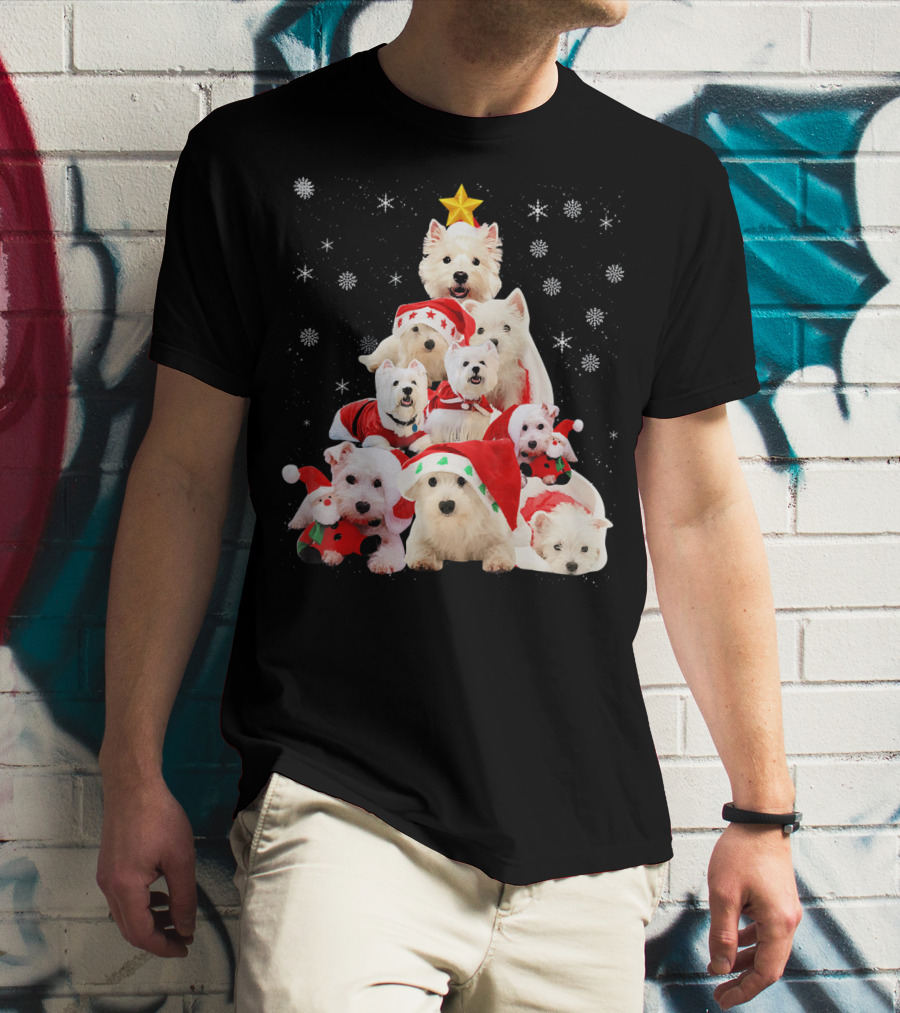 Westie Dogs In Holiday Hats Forming Christmas Tree With Snowflakes And Star T-Shirt