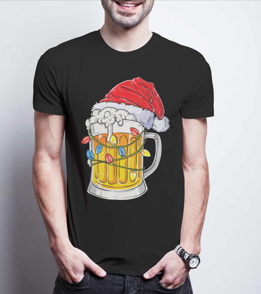 Beer Mug With Santa Hat And Christmas Lights T-Shirt