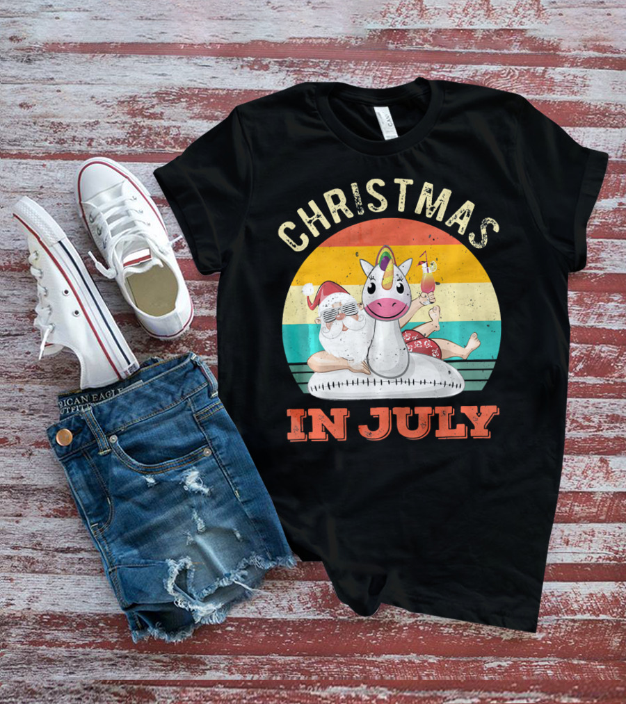 Christmas In July Vintage Santa With Inflatable Unicorn And Drink T-Shirt