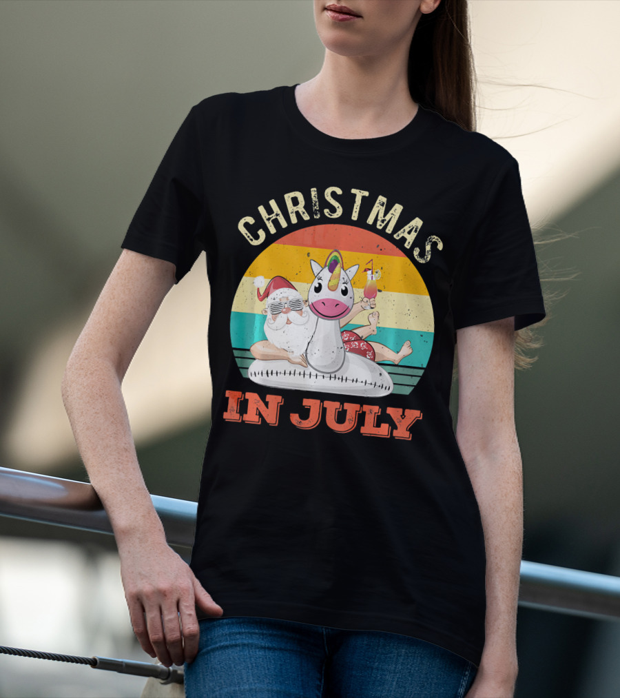 Christmas In July Vintage Santa With Inflatable Unicorn And Drink T-Shirt