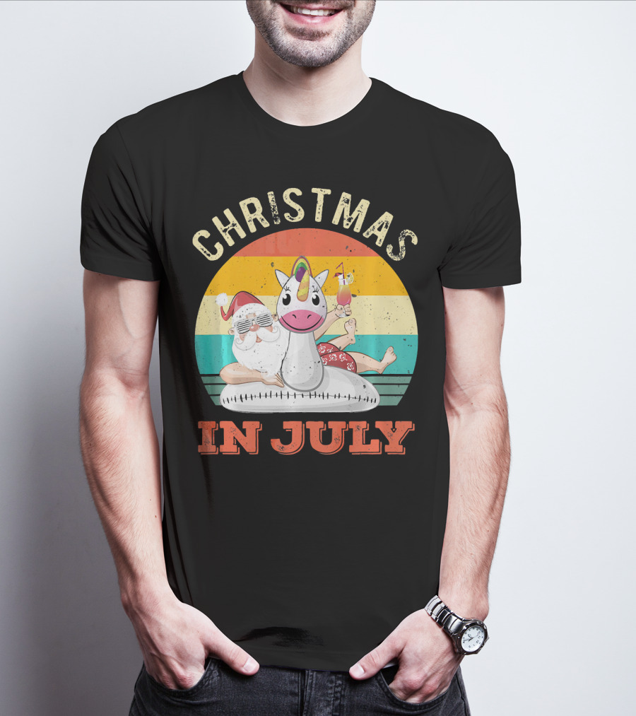 Christmas In July Vintage Santa With Inflatable Unicorn And Drink T-Shirt